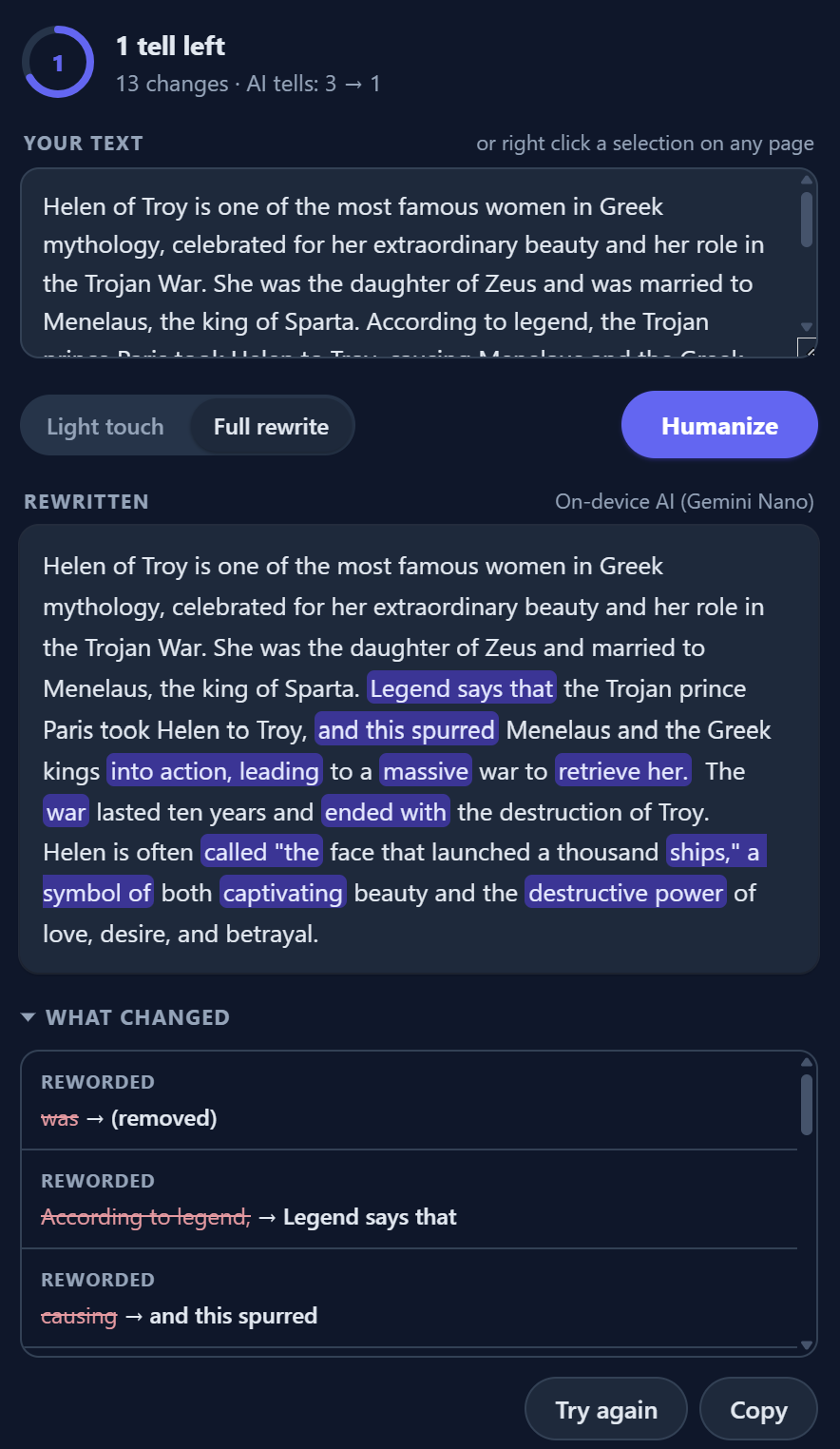 The extension popup: a tell score of three, the rewritten paragraph with each
               edit highlighted, and a list of what changed with the reason for each edit.